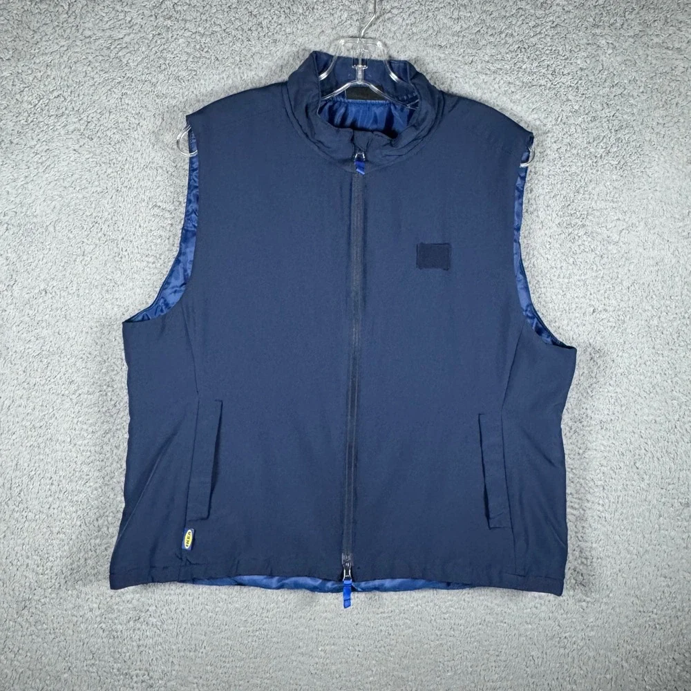 IKEA Employee Uniform Vest Navy Blue Hej Graphic Full Zip Shaped Mens XL 84489